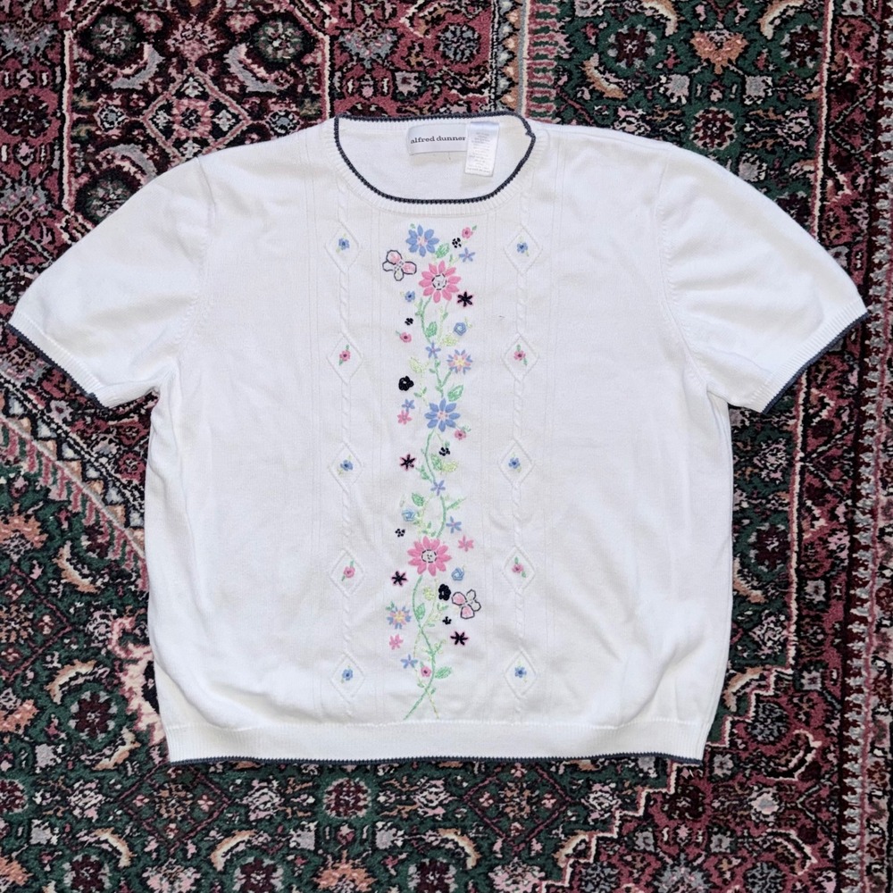 Vintage Alfred Dunner Embroidered Floral Ramie Cotton Knit Top L